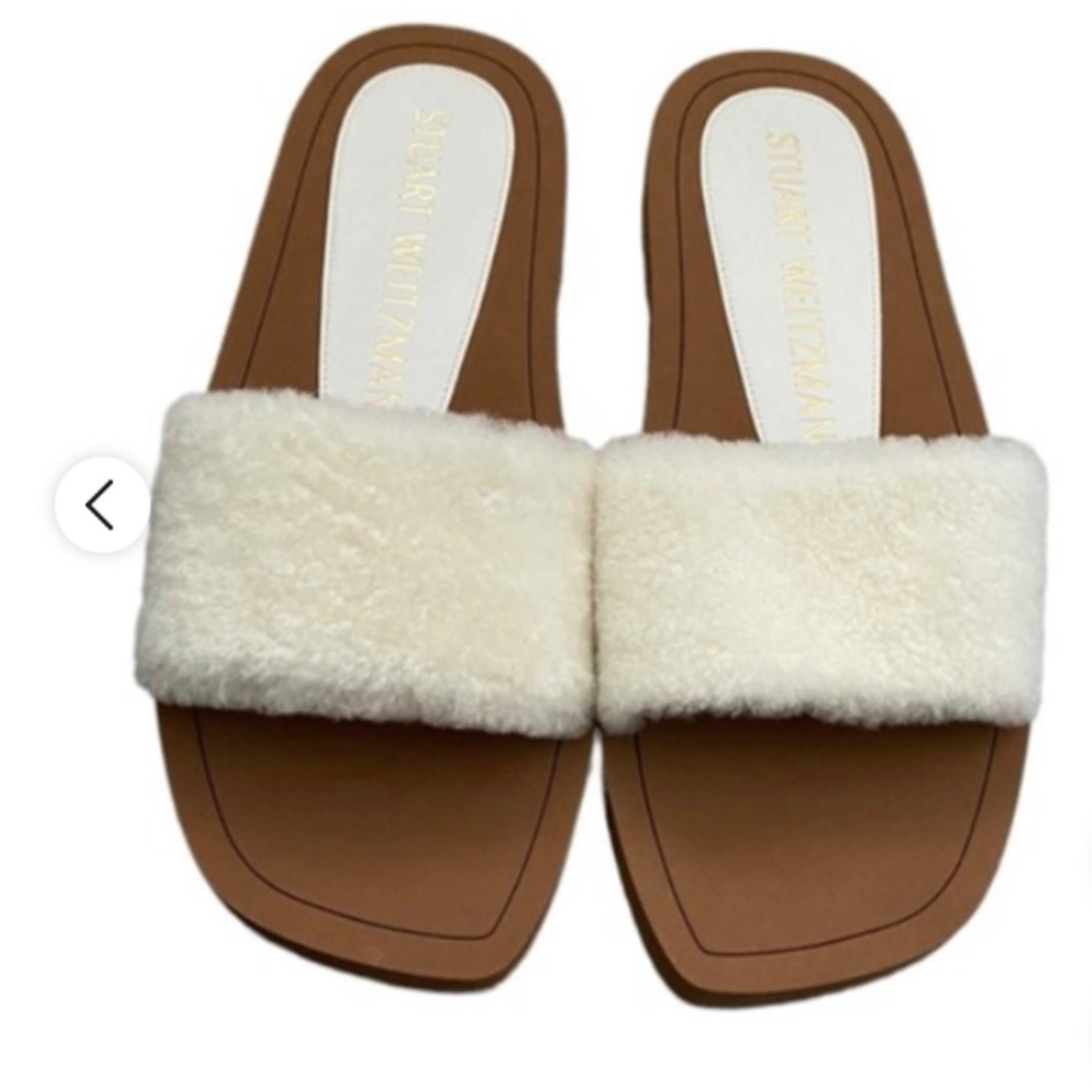 Stuart Weitzman Cammy Cozy Ivory White Creme Shearling Slide Sandal new Fall
